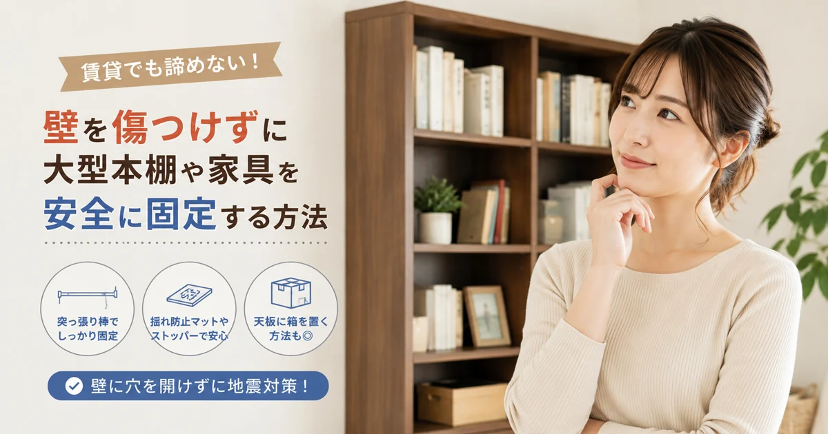 壁を傷つけずに家具を固定する方法を考える女性