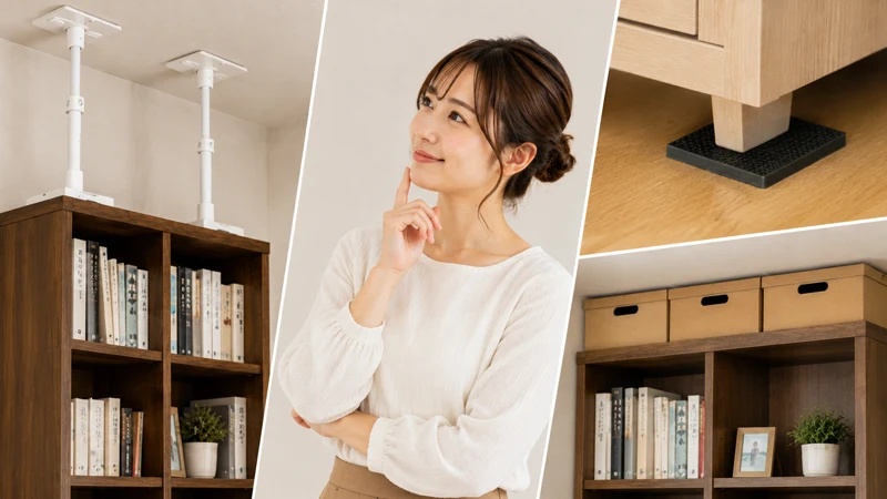 家具転倒防止のアイデアを考えている女性