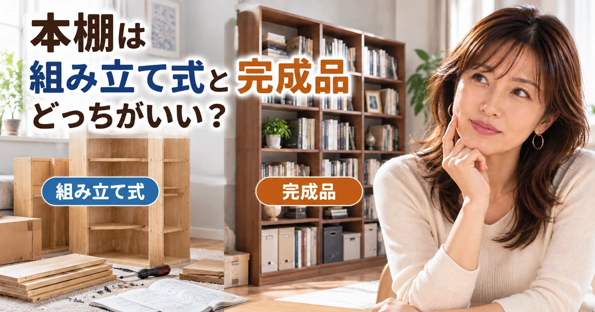 若々しい女性とリビングに2種類の本棚